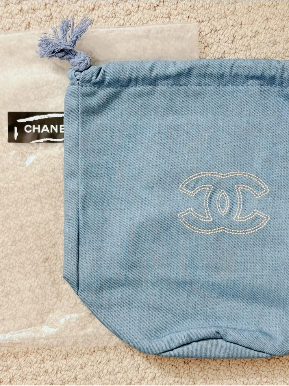CHANEL Makeup Bag/ Light Blue Drawstring Cosmetic Pouch